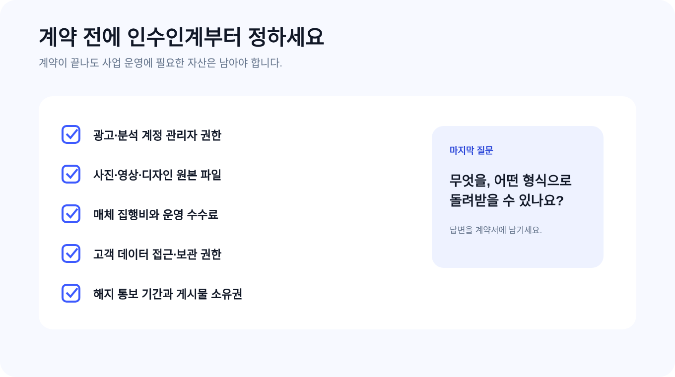 계정 제작 원본 데이터와 해지 조건을 확인하는 콘텐츠 인수인계 목록